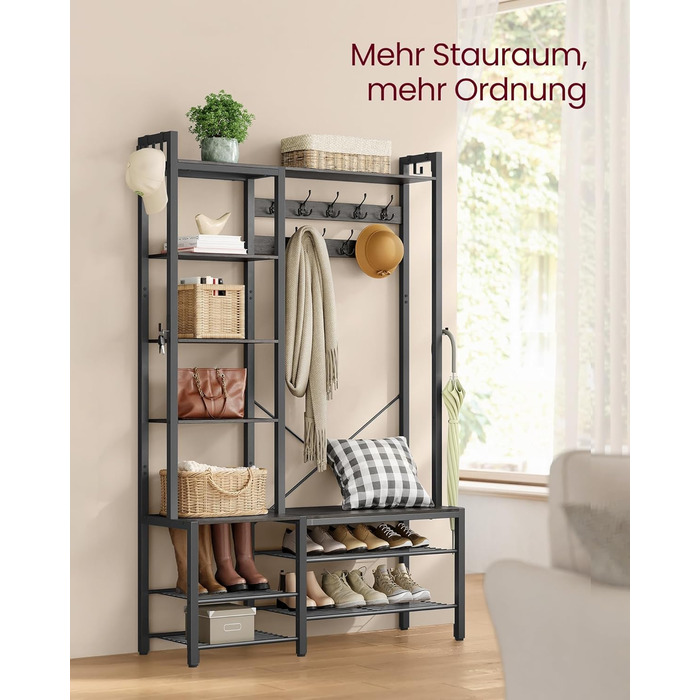 VASAGLE Coat Rack with Shoe Bench, Wardrobe, 5 Shelf Levels made of Particleboard, 9 Triple Hooks, 6 Side Hooks, 40 x 120 x 190 cm, Stone Grey-Ink Black HSR426B04