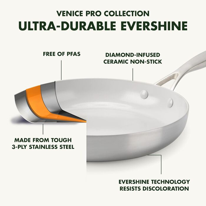 Набір посуду GreenPan Venice Tri-Ply 7 предметів: каструлі та сковорідки з нержавіючої сталі, антипригарне покриття, без PFAS, для індукційних плит, придатний для миття в посудомийній машині та духовці, срібний