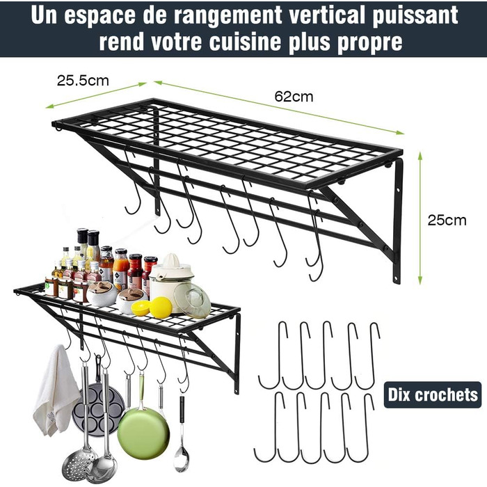 Ejoyous Kitchen Shelf Pan Shelf Kitchen Storage, Kitchen Wall Shelf Kitchen Wall Shelf Kitchen Holder Pan Holder with 10 S-shaped Hooks for Hallways Kitchen Bathrooms 60 x 25 x 25 cm