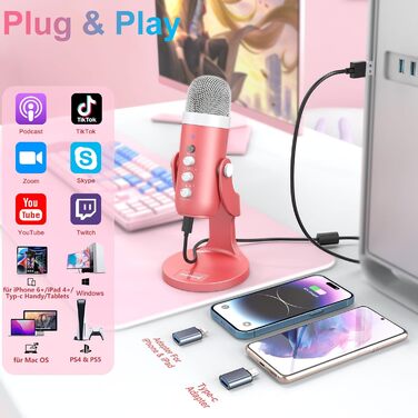 Zealsound USB мікрофон K66 Pearly White (Рожевий) з шумозаглушенням для ПК, Mac, iPhone, Android, PS4/PS5: для стрімінгу, геймінгу, ASMR, YouTube, вокалу, Twitch