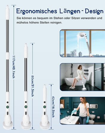 Електрична щітка для чищення з 9 насадок, щітка для швів, водонепроникна IPX8, електричний скрубер з регульованою ручкою, 2 швидкості для ванної кімнати, кухні, авто, підлоги, білий+чорний
