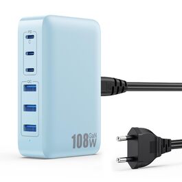 Зарядний пристрій USB-C 108W GaN III, 6 портів: 3x PD + 3x QC для iPhone 16/15, iPad, AirPods, Samsung, Switch (Синій)