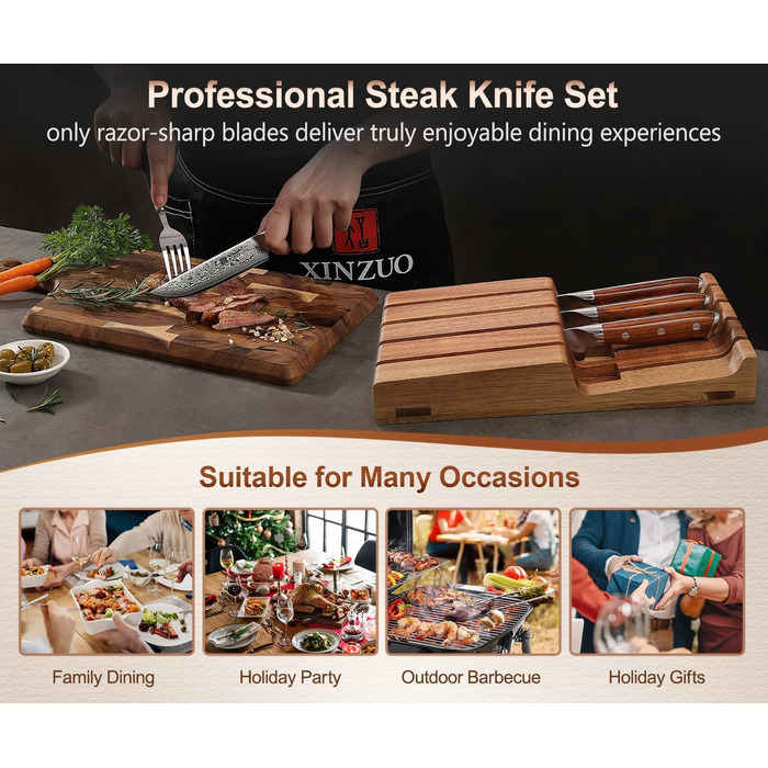 XINZUO Damascus Chef's Knife Set - 67 Layer High Carbon Steel, Professional Gyuto Knife with Rosewood Handle (5-Piece Steak Knife Set)