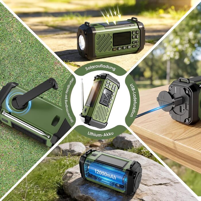 Радіо на механічній ручці Vikeri 12000mAh з сонячною панеллю, AM/FM/SW, LED ліхтарик, SOS сигнал, компас, USB-C зарядка для телефону, портативне радіо для надзвичайних ситуацій (Зелений)