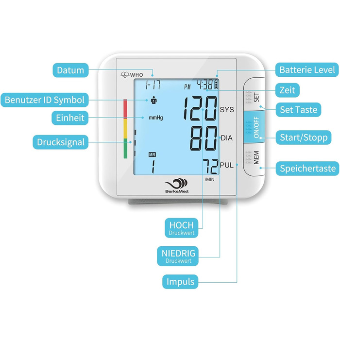 Тонометр на зап'ясті автоматичний, 2 x 99 комірок пам'яті, великий LED дисплей з визначенням аритмії, точне вимірювання, контроль положення манжети (білий)