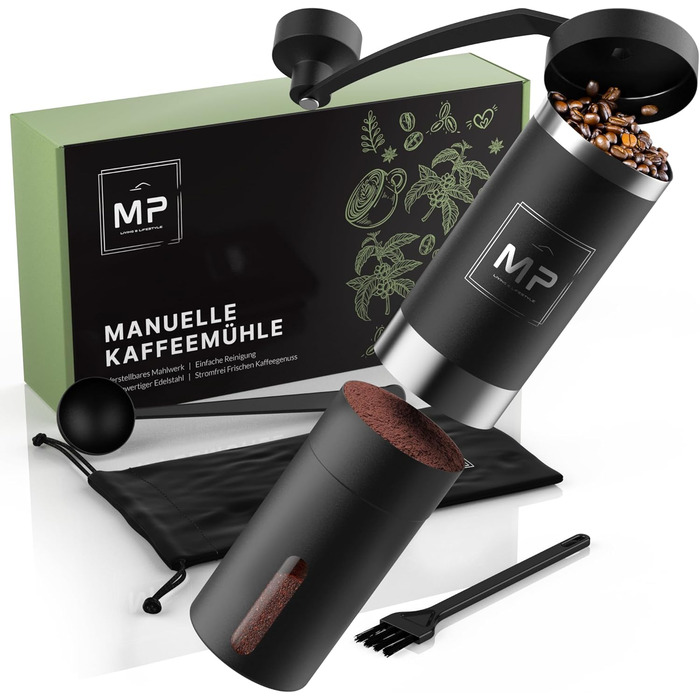 Manual Coffee Grinder with Conical Burr I Adjustable Grind Size - Stainless Steel Coffee Grinder with Brush I High-Quality Hand Coffee Grinder - Hand Coffee Grinder