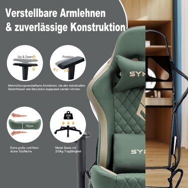 Ігровий крісло Symino Racing Style - ергономічне, 200 кг, регульовані підлокітники, PU шкіра, з підніжкою (зелений)