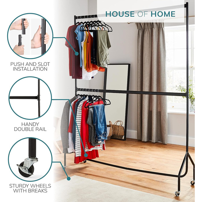 Direct Online Houseware House of Home Extra Robust Clothes Rack with 2 Levels, 2.14 m H x 1.83 m L, in Black – Clothes Rail for Bedroom, Double Clothes Rail, High-Quality Hanging Storage
