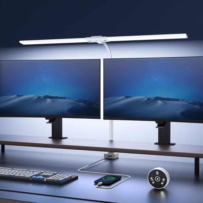 LED лампа настільна з регулюванням яскравості - 1500LM 24W, кріплення на прищіпці, з пультом дистанційного керування, 80см гнушкий шийка, USB-порт для зарядки, для офісу та дому (біле світло)