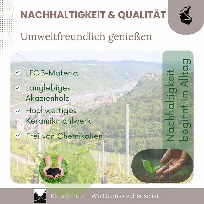 Дерев'яна мельниця для солі та перцю LORELEY® Mittelrhein Germany з керамічним жорном – з підставкою та пензлем – подарункова упаковка. Ідеальний подарунок на весілля або новосілля (Luxury Holz)