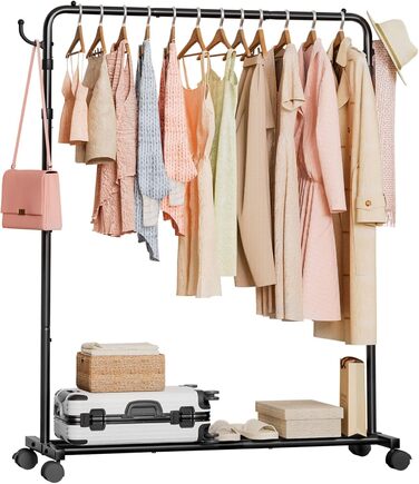 Стійка для одягу на колесах Yorbay: міцна металева вішалка з полицею для багажу. Компактна вішалка для спальні, пральні, магазину (Чорний, 117.5 см)