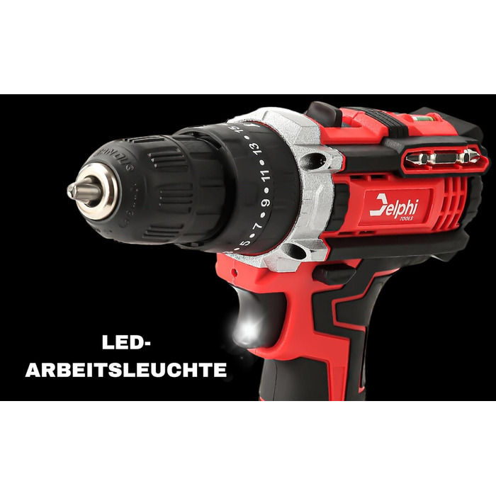 Акумуляторний шуруповерт DELPHI 20V: комплект з 2 акумуляторами, 50Nm, 2 швидкості, 25 ступенів моменту, LED-ліхтар, 34 аксесуари в кейсі для DIY-проєктів