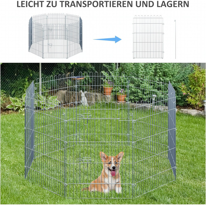 PawHut Вольєр для цуценят/собак, 8 панелей, 63B x 91H см, срібний, для собак, котів, цуценят, вольєр для собак на вулицю