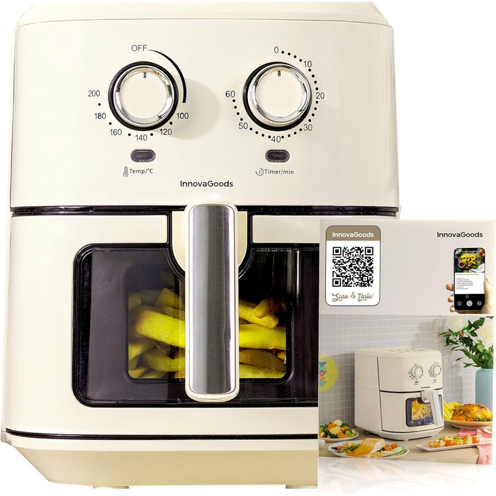 Аерофритюрниця InnovaGoods Vintage 6,5 л, 1700 Вт, з віконцем, антипригарний кошик, таймер, 360° циркуляція повітря, понад 100 рецептів, для 4-6 осіб, кремова