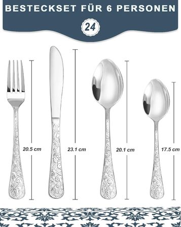 Набір столових приборів Vintage з різьбленням на 6 осіб, нержавіюча сталь, сріблястий (24 предмети) - ложки, виделки, ножі для дому та кухні, поліровані