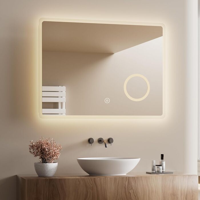 Дзеркало для ванної кімнати з підсвічуванням LED 80x60 см, регульоване, 3 кольори світла (3000K/4000K/6500K), антизапарник, вертикальна/горизонтальна установка, з 3x збільшенням