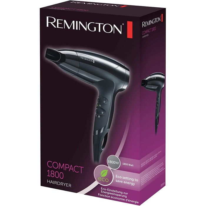 Фен Remington D5000 Compact: потужний та компактний для подорожей (1800 Вт, стильна насадка, 3 режими нагріву, 2 швидкості)