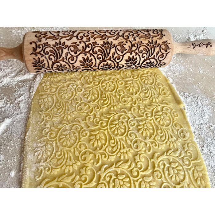 KLETTERBLUMEN Rolling Pin. Rolling pin with flowers for homemade pastries and ceramics. Engraved rolling pin with pattern for DIY kitchen, dough & cookies by Algis Crafts