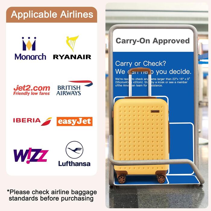 Чохол-валіза KONO з ABS-пластику, 65 x 42.5 x 25.5 см, з TSA-замком, білий, 24'M (жовтий, косметичка+20')