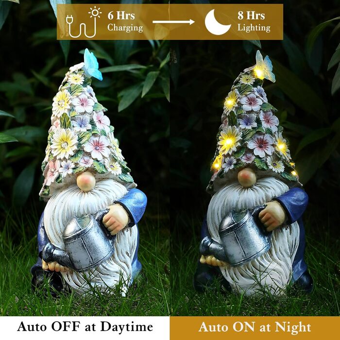Lewondr Solar Garden Gnome Outdoor Garden Decor, Waterproof Resin Gnome Garden Figurine with Watering Can, Sculpture Garden Decoration with Warm Light Gift for Lawn Yard Patio Veranda