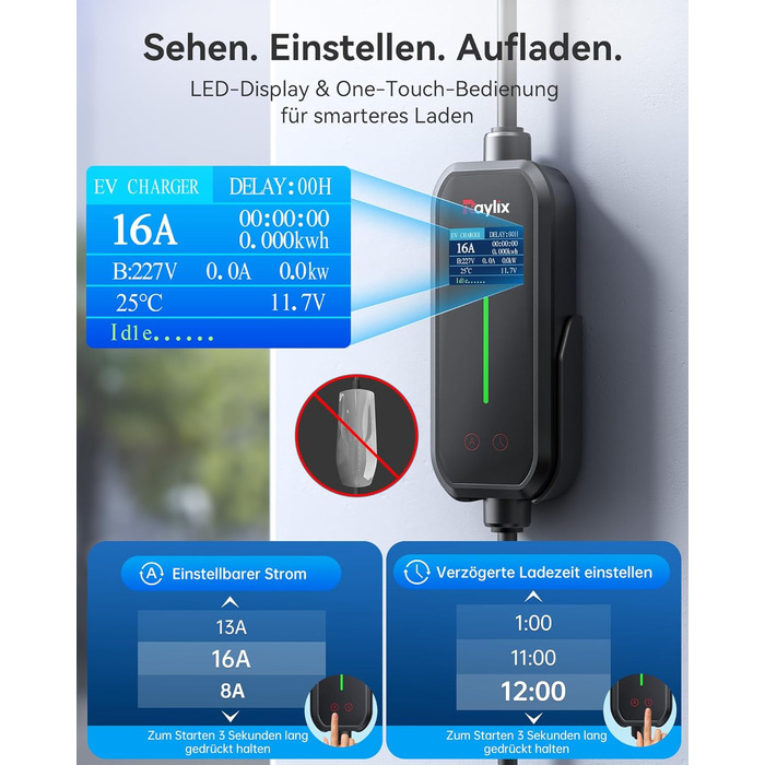 Raylix 2026 11kW Wallbox Typ 2 (7м, 8-16A, 3 фази) з лічильником, регулюванням струму та таймером + CEE 16A - Typ 2 кабель 7м