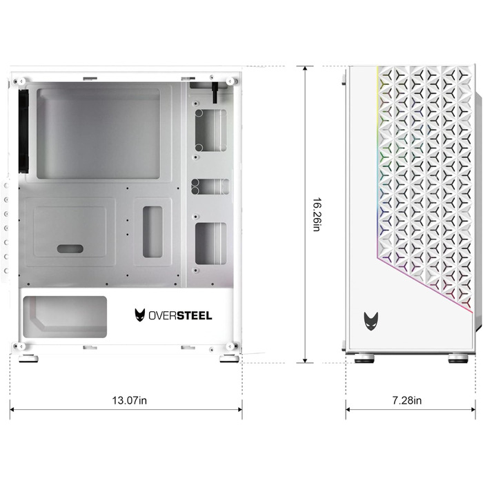 Oversteel Iridium - Комп'ютерний корпус для ігор, білий, з вентилятором A-RGB 120мм, сумісний з ATX/Micro ATX/ITX, сітчаста передня панель, 2 фільтри пилу, загартоване скло, USB 3.0
