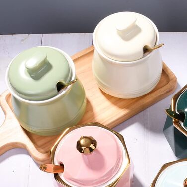 Sugar bowl with lid and spoon, ceramic sugar bowl, multifunctional sugar container, spice container, salt shaker, spice dishes, sugar bowl for the kitchen, storage (yellow)