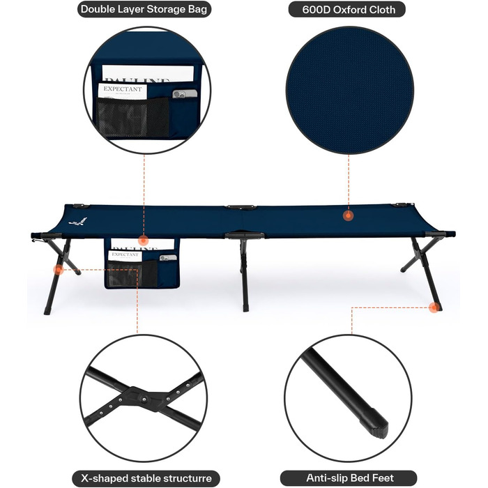 Розкладне ліжко Sportneer для кемпінгу та відпочинку на природі (199x73 см, блакитне)