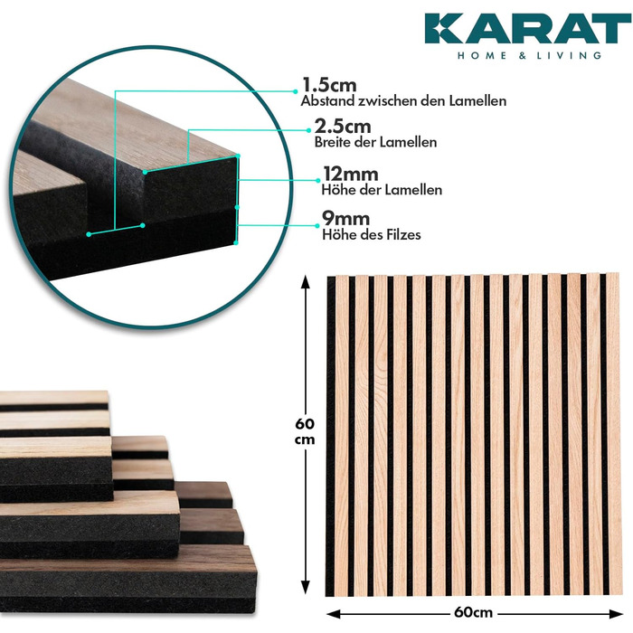 Акустичні настінні панелі KARAT з натурального шпона для шумоізоляції та звукопоглинання, дерево та фетр (60 x 60 см, Білий дуб)
