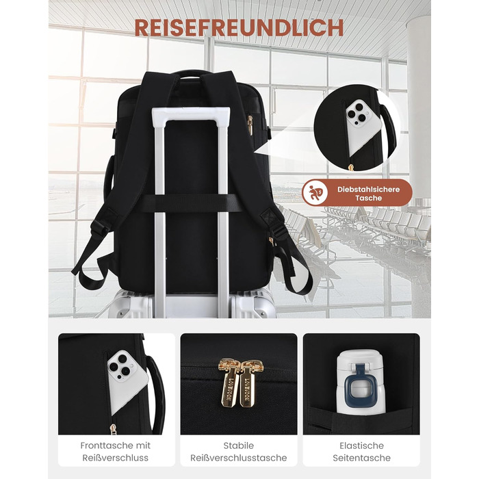 LOVEVOOK Рюкзак ручної поклажі 40L, 17.3 дюйми, великий рюкзак для подорожей для жінок та чоловіків, розширюваний дизайн, рюкзак ручної поклажі для літака, Travel Backpack як Cabin Bag для подорожей та бізнесу (40x30x20cm-24L, Чорний + Сірий + Каштанового