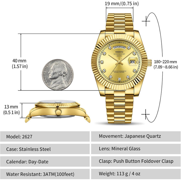 Годинник NIBOSI для чоловіків: аналоговий кварцовий годинник з нержавіючої сталі, водонепроникний, з датою та індикатором дня тижня, бізнес-стиль, класика (2627-gold)