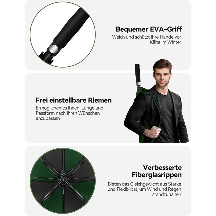 TECKNET Головний парасолька великий XXL, гольф-парасолька 173 см, стійкий до вітру, подвійний купол, вентильований, автоматичне відкриття, ручка EVA, для жінок та чоловіків (чорний та зелений, 150 см)