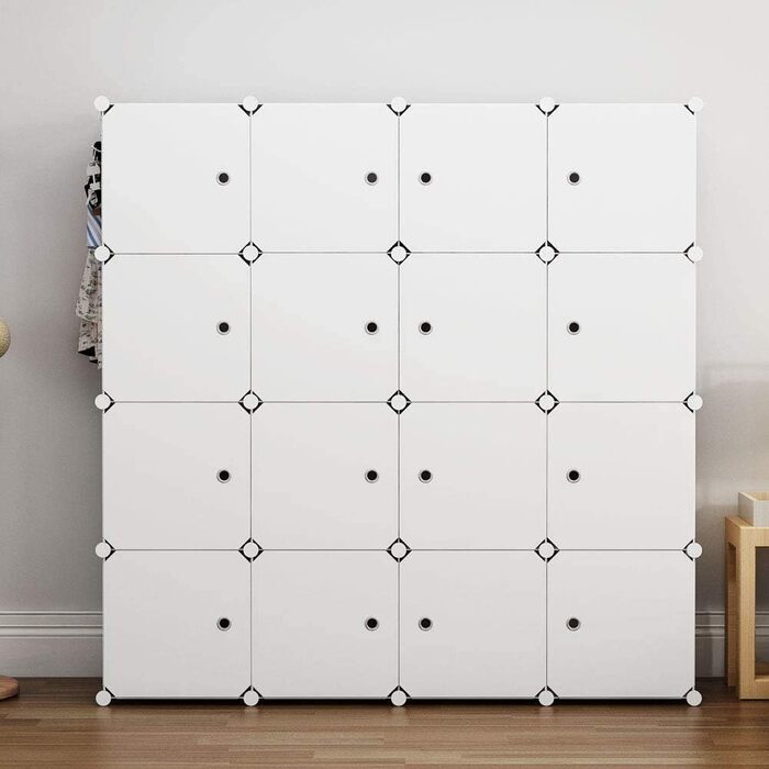 HOMIDEC Wardrobe, Portable Shelving System, 20 Cube Closet Made of Plastic with 2 Clothes Rails, Bedroom Wardrobe Closet White for Bedroom, 180 x 142 x 45cm (16 cube, All White)