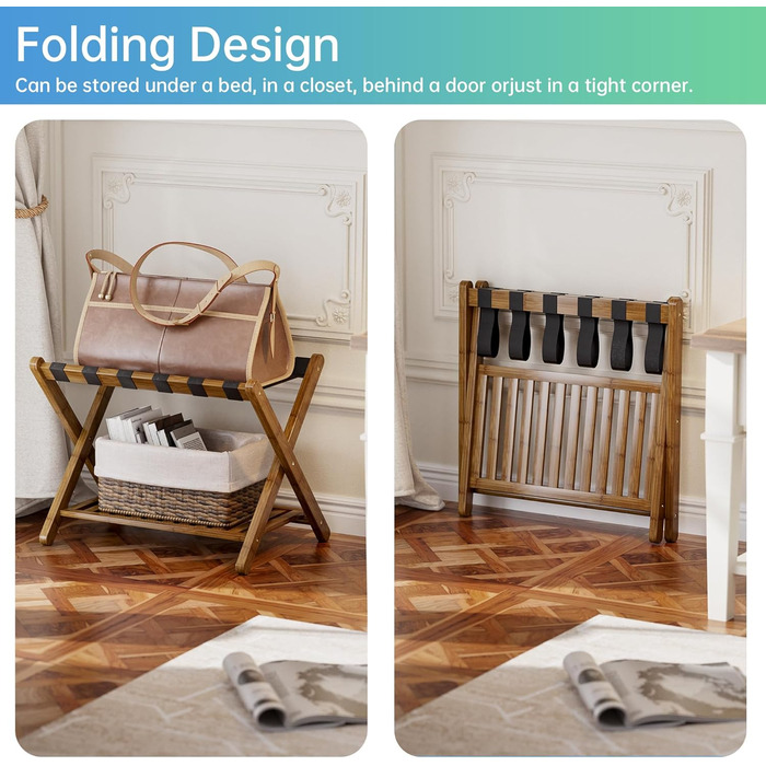 SMIBUY Luggage Rack, 2-Piece Set, Folding Bamboo Suitcase Stand with Shelf for Guest Room, Bedroom, Hotel, Heavy-Duty (Walnut)