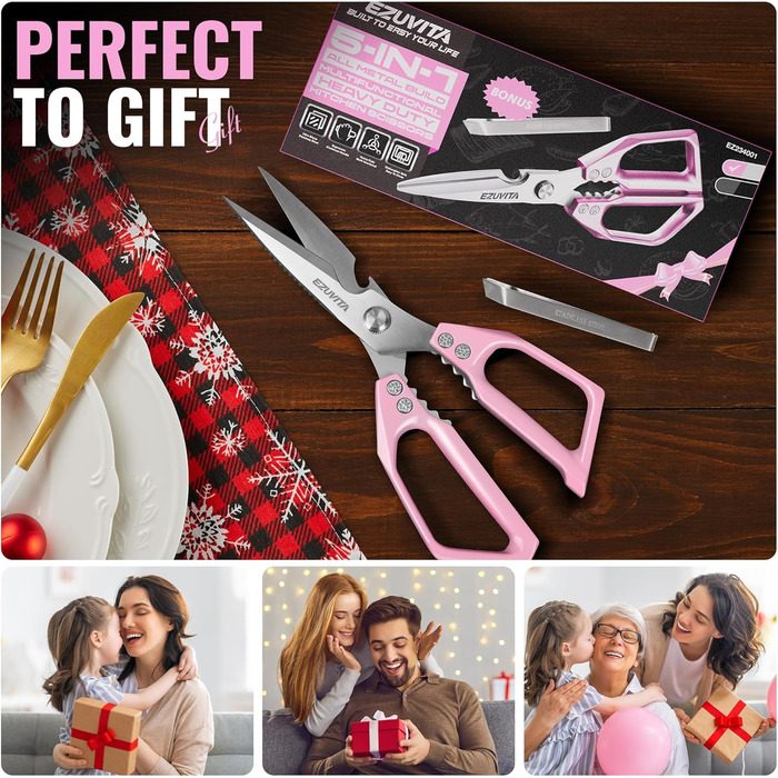 Набір кухонних ножиць 5-в-1 з пінцетом, кухонні ножиці з титановим покриттям, нержавіюча сталь, придатні для миття в посудомийній машині, універсальні ножиці для кухні, птиці, риби, м'яса (рожеві)