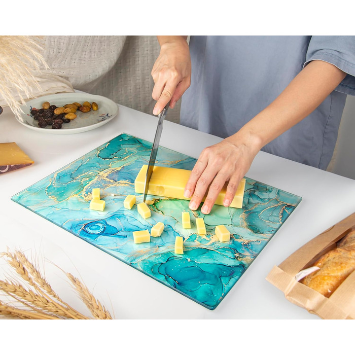 Скляна дошка для нарізання 40x30 см – гігієнічна скляна дошка з термостійкого скла, стійка до подряпин та ковзання – скляна плита для кухні, чорна поверхня під мармур (дизайн 09, 40L x 30B см)