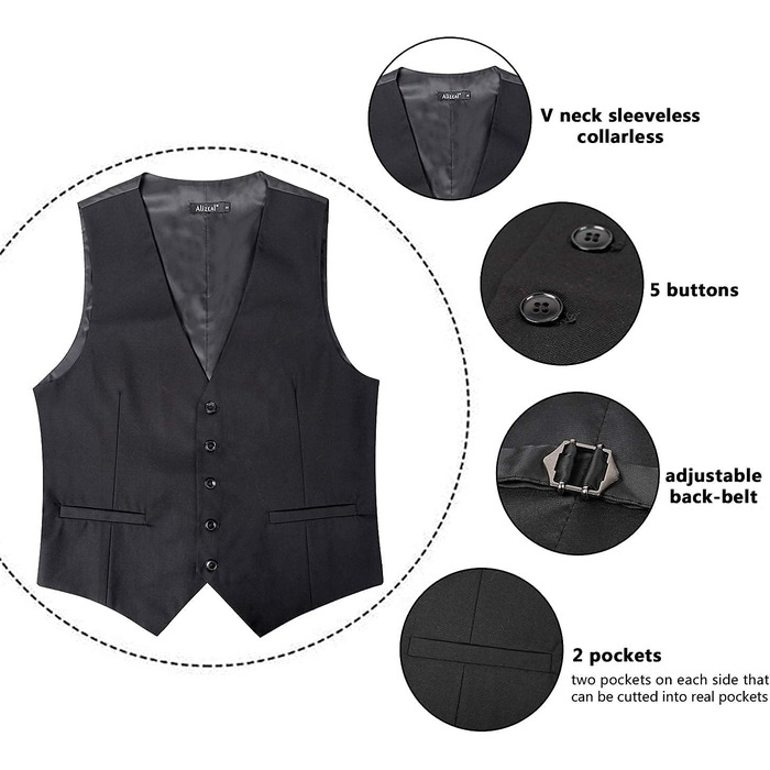 Чоловіча жилетка Alizeal для ділового костюма, однотонна, класичний крій, смокінг, чорна, L
