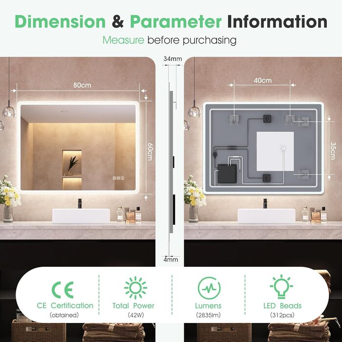 Дзеркало для ванної кімнати S'bagno з підсвічуванням 80x60 см, Bluetooth, протитуманне покриття, 3 кольори, регулювання яскравості, пам'ять налаштувань, загартоване скло, водонепроникність IP44, горизонтальне/вертикальне встановлення M66 (Bluetooth)