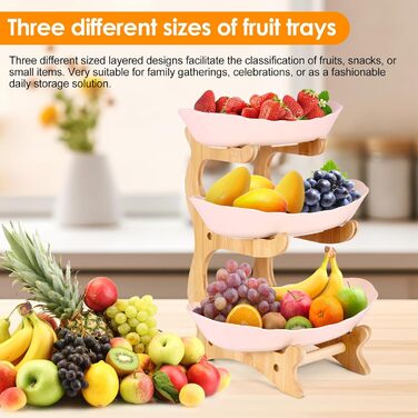 DEECOZY Трирівнева етажерка для фруктів та овочів з бамбуковим підставкою, пластикова фруктова миска, економія місця, для сім'ї, сучасний дизайн (Білий, Бежевий)