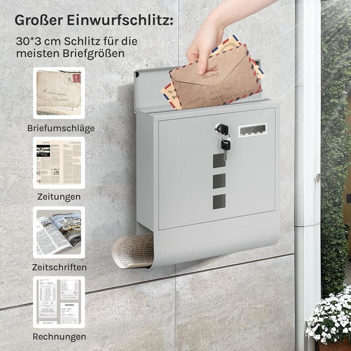 Поштовий ящик WOLTU з газетницею та оглядовим вікном, персоналізований, настінний, з замком та 2 ключами, сірий, 37x37x10.5 см