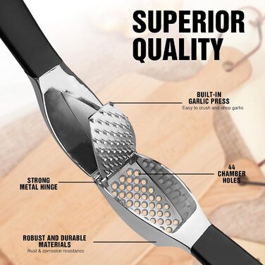 Прес для часнику з нержавіючої сталі - багатофункціональний прес для часнику з силіконовим очищувачем та щіткою для чищення. Прес для часнику, придатний для миття в посудомийній машині. Чорний + срібний