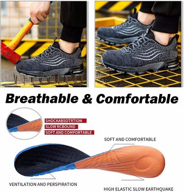 Чоловічі та жіночі робочі черевики з металевим капаком, спортивні, з амортизацією, неслизькі (47 EU, Сірий)