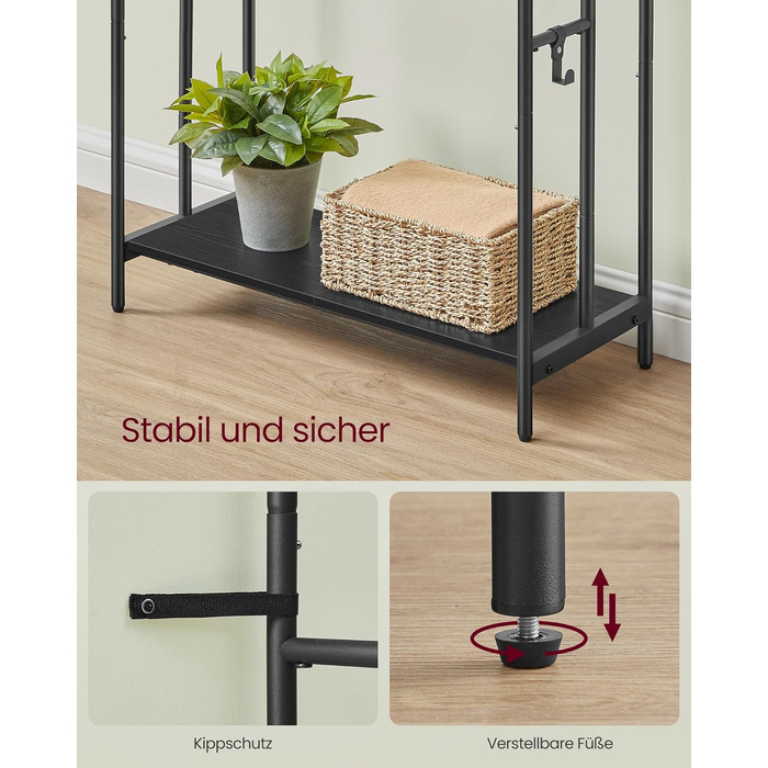 Підставка для рушників VASAGLE, стояча, 3-х рівнева, 70 x 30 x 100 см, з 2 гачками та полицею, чорний + чорне дерево, LLS019B01