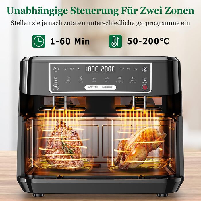Фритюрниця повітряна з 2 камерами на 9 літрів | Air Fryer з двома відсіками по 4,5 л, 2600 Вт, 8-в-1, сенсорне керування, функція Smart Finish, незалежний контроль температури та часу (срібна)
