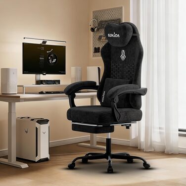 Ігрове крісло SUKIDA Ergonomic Pureblack: ергономічний офісний стілець з підскладною підставкою для ніг, підголівником та поперековою підтримкою, тканинна оббивка