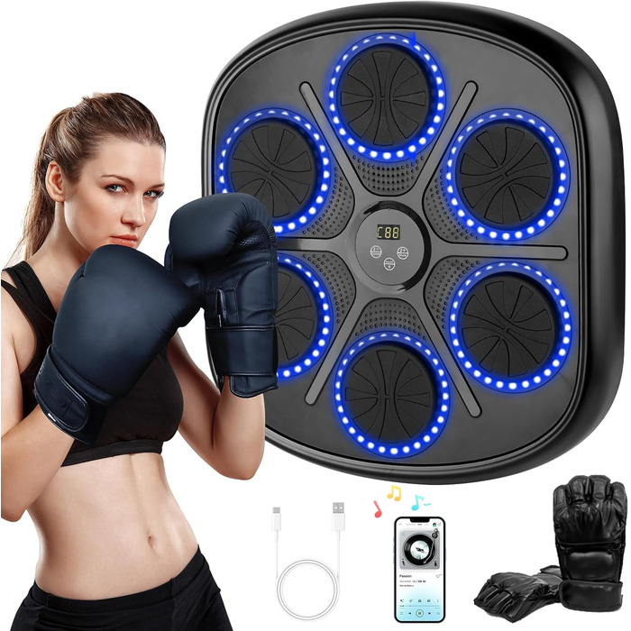 Buba Toys Bluetooth Punching Bag Machine with LED Lights - Rechargeable Wall-Mounted Smart Boxing Trainer for Reflex & Coordination