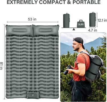 Каремат для кемпінгу Double, самонадувний, з насосом для ніг, ультралегкий, товстий, сірий. Підходить для походів, подорожей, кемпінгу та наметів.