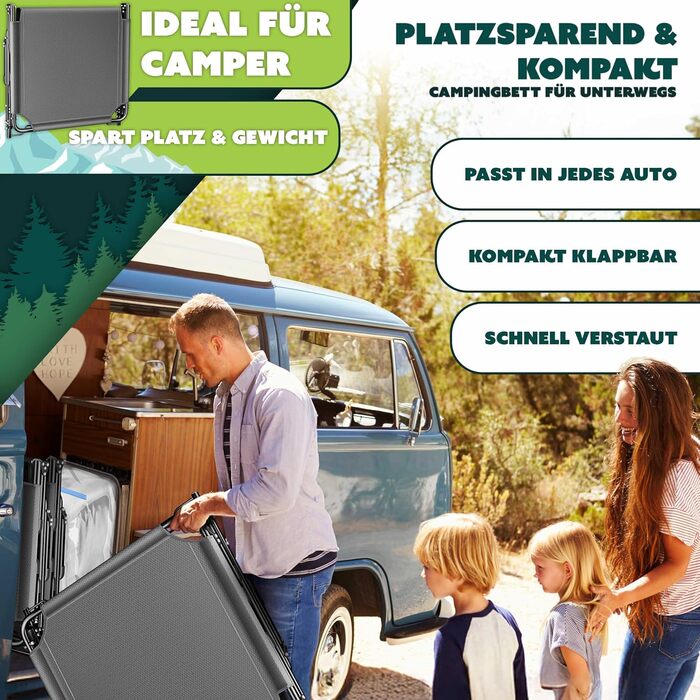Кемпінгове ліжко KESSER® розкладне, 190x68x30 см, до 250 кг, з Oxford тканини та сталевим каркасом + сумка, подушка, кишеня та тримач для напоїв, для кемпінгу