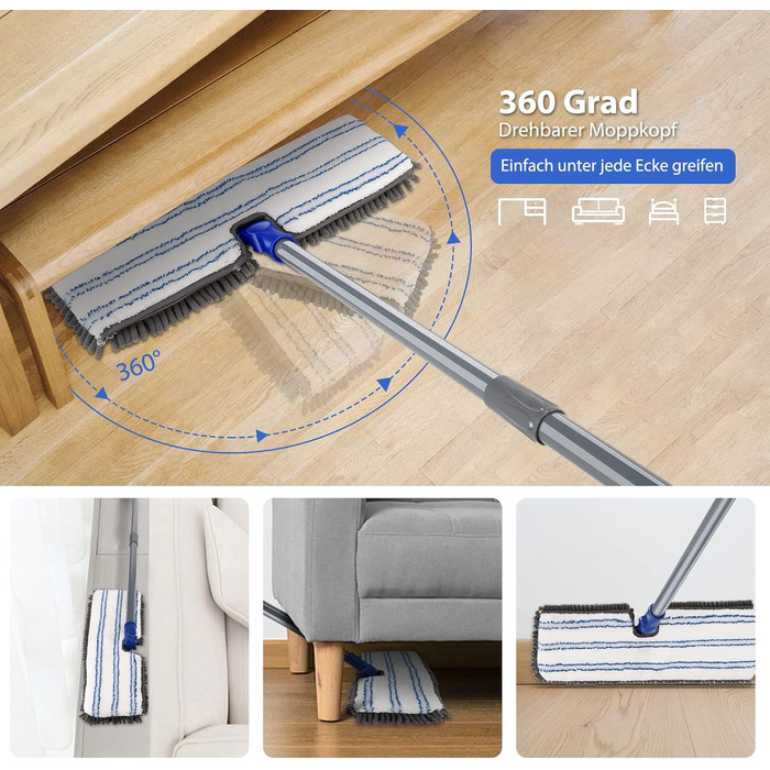 Myiosus Mop, Floor Wiper, Chenille Flat Mop with 4 Double-Sided Cleaning Pads, 127cm Mop with 360° Swivel Head, Microfiber Floor Wiper Set for Hardwood, Laminate, Tile, Includes 1 Scraper