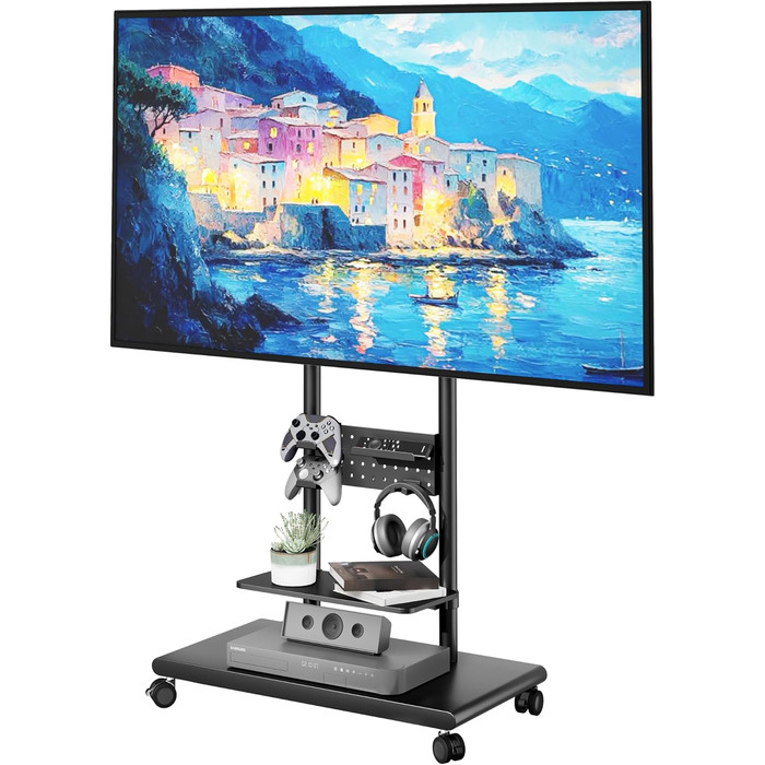 Підставка для телевізора на колесах, 50-90 дюймів, до 70 кг, регульована висота та нахил, з полицями, VESA 600x400 мм
